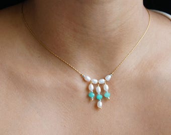 Collar con colgante de cristales naturales, perlas colgantes, joyería elegante, regalo para ella, collar para mujer