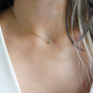 Dainty Minimalist Tiny Emerald Gold Necklace Everyday Simple Tiny Necklace May Birthstone Necklace Gift Green Crystal Choker