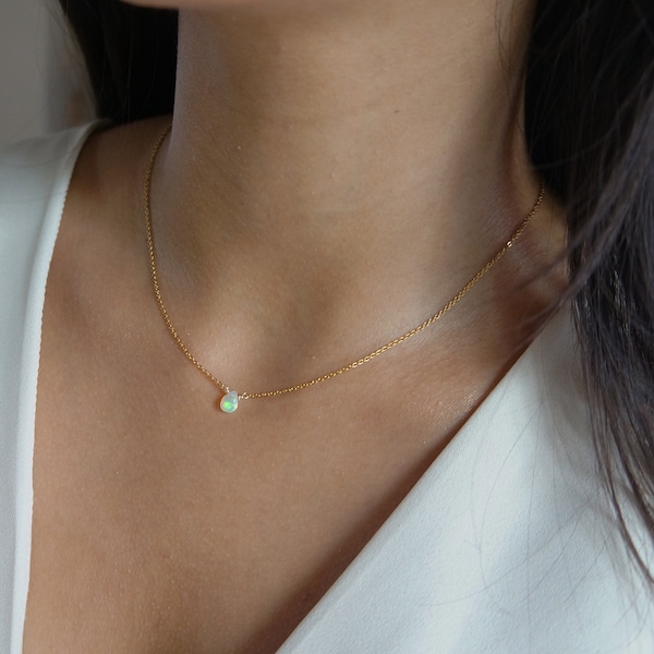 Tiny Ethiopian Opal Necklace Charm Necklace Minimalist Necklace Layering Necklace Gift Simple Dainty Necklace for Women Tiny Necklace Choker