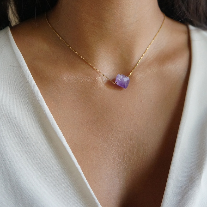 Raw Crystal Necklace Amethyst Necklace February Birthstone Large Rough Stone Layering Necklace Natural Amethyst Pendant image 1