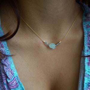 Raw Aquamarine Necklace: Natural Stone, Gold Snake Chain, March Birthstone