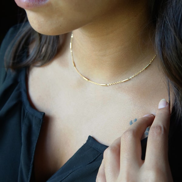 Tiny Bar Chain Choker Delicate Minimalist Chain Necklace Layering Necklace Dainty Chain Gold/Silver Stainless Steel Jewelry for Women