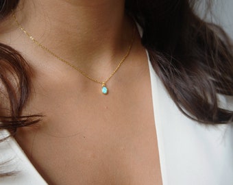 Tiny Blue Opal Necklace Charm Necklace Minimalist Necklace Layering Necklace Gift Simple Dainty Gold Necklace for Women Tiny Necklace Choker