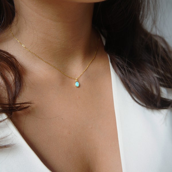 Tiny Blue Opal Necklace Charm Necklace Minimalist Necklace Layering Necklace Gift Simple Dainty Gold Necklace for Women Tiny Necklace Choker