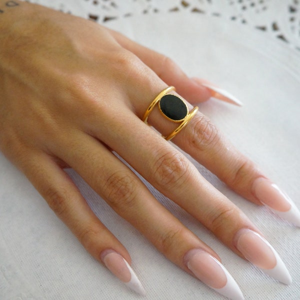 Black Oval Signet Style Ring Gold Statement Ring for Women Stunning Double Band Gold Ring Black Protection Ring