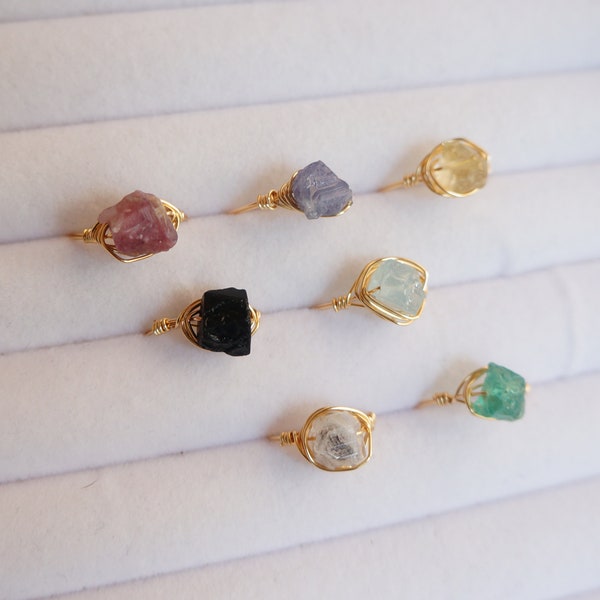 Raw Gemstone 14KT Gold Filled Ring Powerful Spiritual Rings Black Tourmaline Aquamarine Citrine Natural Rough Gemstones Wire Wrapped Rings