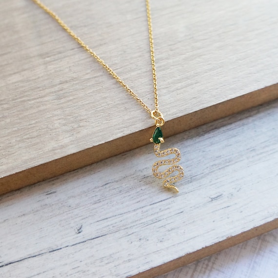 Dainty 18kt Gold Plated Snake Necklace: Green Cubic Zirconia Serpent Pendant