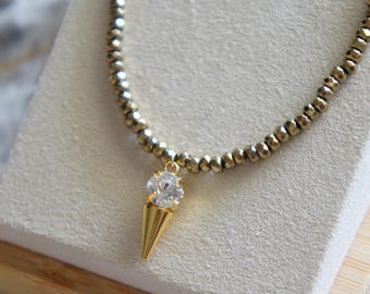 Natural Sparkly Hematite Necklace Tiny Gold Beads Handmade Necklace for Her