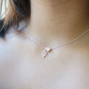 Dainty Cactus Necklace: Personalized Initial Heart, Rose Gold Finish
