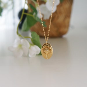 Gold Dandelion Necklace: Floral Oval Charm, Cubic Zirconia Accent