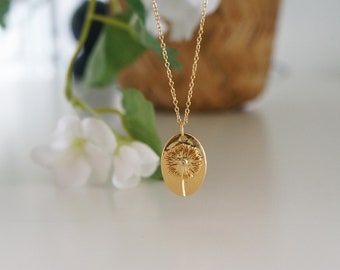 Delicate Gold Flower Dandelion Oval Charm Necklace Floral Pendant Necklace Mother Birthday Gift Idea Women Floral Necklace