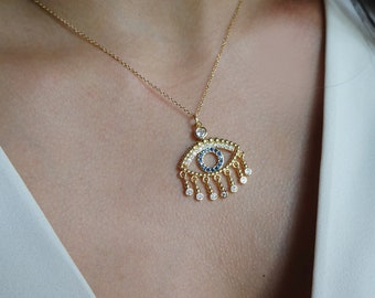 Gold Evil Eye Necklace Sparkling Cubic Zirconia Crystals Eye Necklace Protection for Women Gift for Her Friendship Charm Necklace