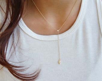 Gold Lariat Necklace Rosary Necklace: Tiny CZ Cross, Delicate Y Style