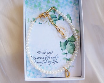 Personalized Letter Bracelet Message Card  Natural White Pearls Bracelet Gift for Her Delicate Everyday Tiny Pearl Bracelet June Birthday