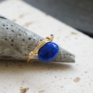 Lapis Lazuli Gold Ring Wire Wrapped, Gold Filled Blue Gemstone Ring, Unique Handmade Jewelry, Statement Ring, Boho Ring, Stunning, Gift