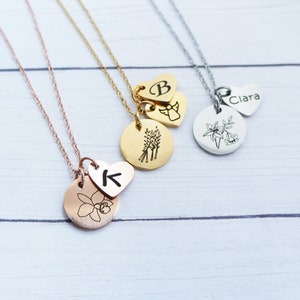 Personalized Flower Necklace: Engraved Heart Charm, Initial Necklace