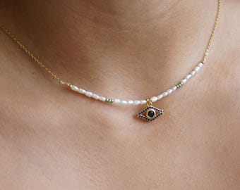 Collar de mal de ojo, pequeñas perlas blancas, amuleto de cadena de oro