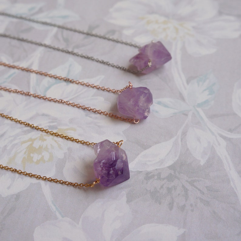Raw Crystal Necklace Amethyst Necklace February Birthstone Large Rough Stone Layering Necklace Natural Amethyst Pendant image 8