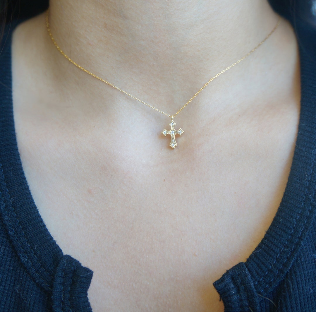Tiny Gold Cross Necklace Choker Cross Necklace Delicate Gold 14kt Gold