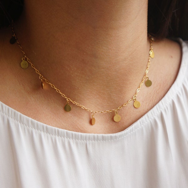 Gold Dangling Discs Necklace: Delicate Layered Chain