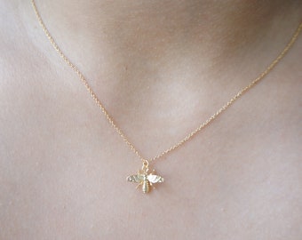 Dainty Bee Necklace: Gold Plated Tiny Bee Charm (14x11mm)