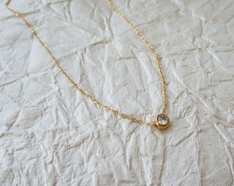 Dainty Solitaire CZ Crystal Necklace, Gold Plated, Minimalist Layering