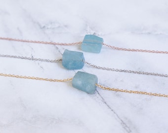 Raw Crystal Necklace Aquamarine Necklace March Birthstone Rough Stone Layering Necklace Natural Aquamarine Stone Pendant