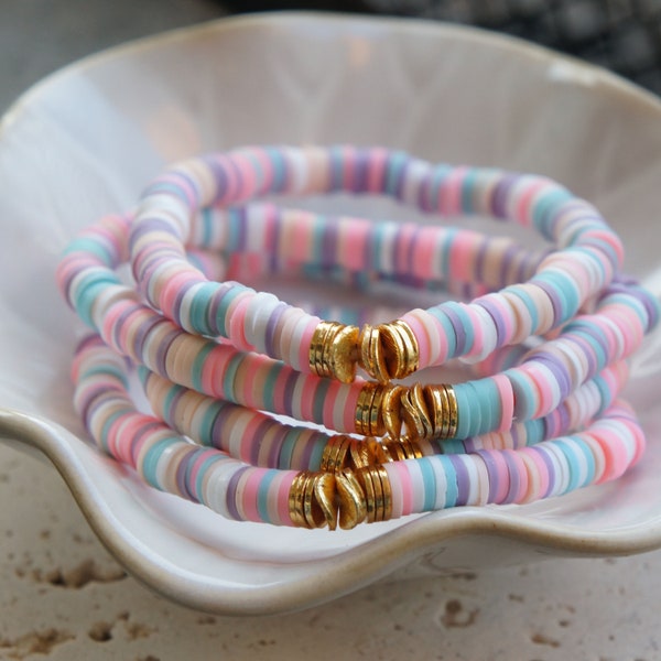 Pastel Beaded Elastic Bracelet, Clay Heishi Beads, Stretchy Arm Candy, Boho Bracelet, Handmade Jewelry, Friendship Bracelet