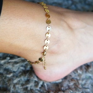 Gold Tiny Disc Anklet: Stainless Steel Minimalist Sequin Chain