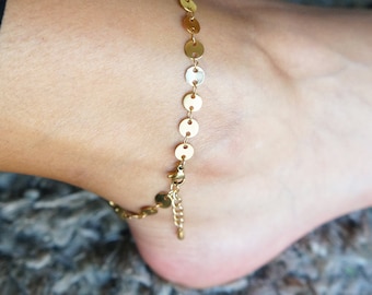 Gold Tiny Disc Anklet: Stainless Steel Minimalist Sequin Chain