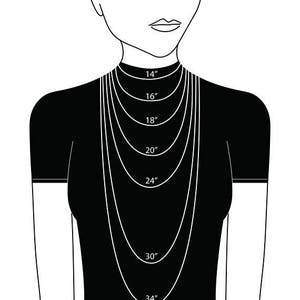 May include: A black and white illustration showing necklace lengths on a person. The image displays various necklace lengths, from 14 inches to 34 inches, demonstrating how they would hang on the chest.