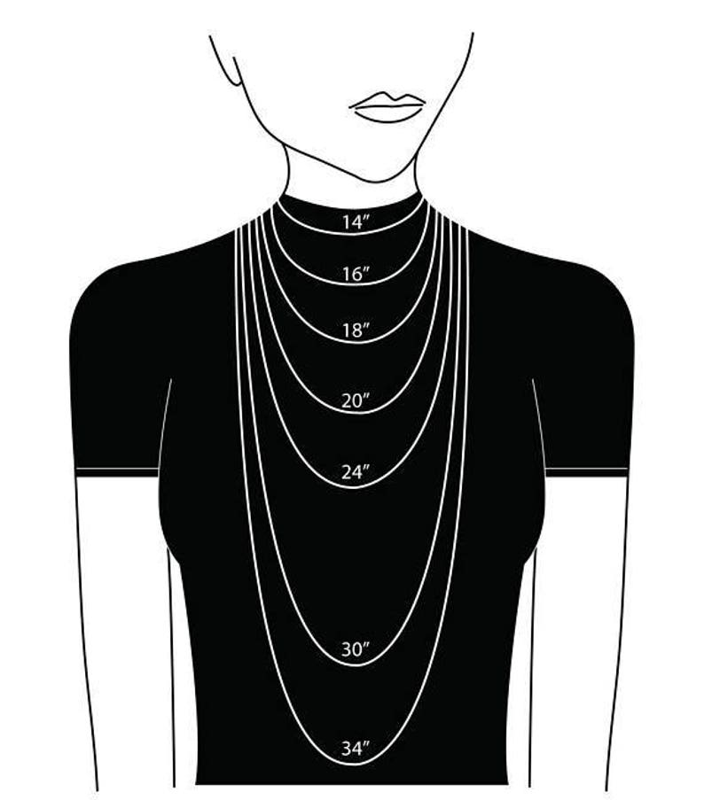 May include: A black and white illustration showing necklace lengths on a person. The image displays various necklace lengths, from 14 inches to 34 inches, demonstrating how they would hang on the chest.