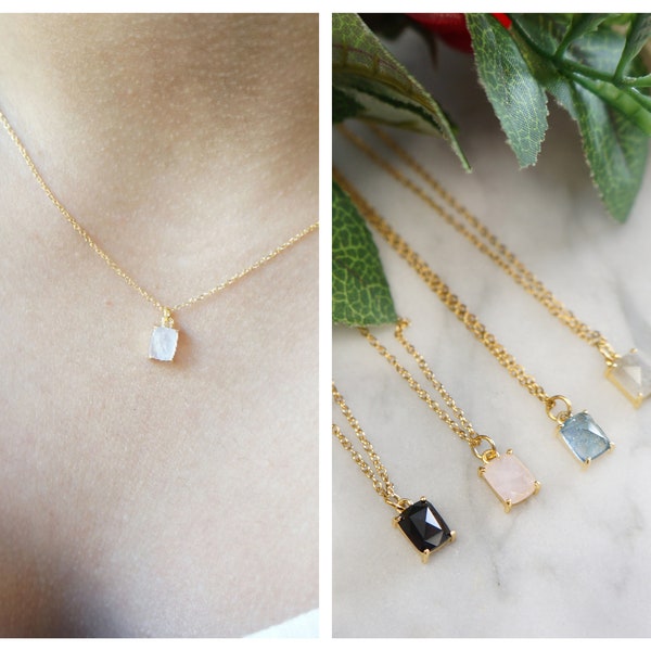 Rose Quartz Tiny Necklace Baguette Crystal Charm Minimal Necklace Layering Gold Necklace Friend Gift Anniversary Necklace Quartz Necklace