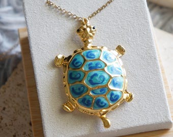 Extra Large Gold Turtle Pendant Necklace with Blue Accents – Stainless Steel Chain