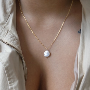 Handmade Coin Pearl Necklace: 14Kt Gold Plated Paper Clip Chain