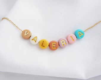 Personalized Round Letters Name Necklace, Colorful Beads Jewelry, Custom Beaded Necklace, Handmade Gift Idea, Women Necklace