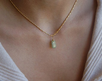 Dainty Gold Natural Raw Gemstone Green Prehnite Gemstone Aquamarine Necklace Crystal Stone Necklace Multiple Crystal Gems Necklaces