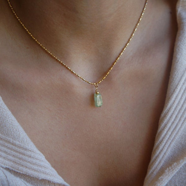 Dainty Gold Natural Raw Gemstone Green Prehnite Gemstone Aquamarine Necklace Crystal Stone Necklace Multiple Crystal Gems Necklaces
