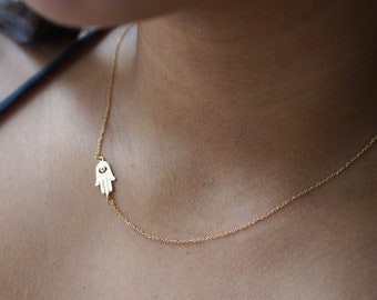 Tiny Gold Hamsa Necklace Hand Protection Necklace Dainty Tiny Charm Daughter Gift Minimal Layering Asymmetrical Necklace Gift for Her