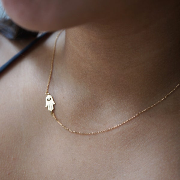 Tiny Gold Hamsa Necklace Hand Protection Necklace Dainty Tiny Charm Daughter Gift Minimal Layering Asymmetrical Necklace Gift for Her