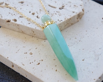 Collar de vial de aventurina verde, cadena de acero inoxidable dorada