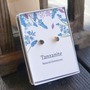 Raw Tanzanite Small Studs Gift with Card December Birthstone Anniversary Gift Tiny Small Natural Tanzanite Gemstone Earrings for Her