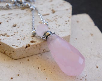 Rose Quartz Vial Necklace: Sterling Silver Open Bottle Pendant, Boho Gemstone