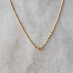 May include: A delicate gold chain necklace with a small, oval-shaped opal pendant.