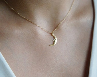 Dainty Moon Face Necklace: Silver Crescent Charm