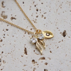 Personalized Gold Bow Necklace, Stamped Initial Leaf Charm, Tiny Bow Pendant, Customized Jewelry, Gift For Her, Tiny Jewelry, Coquette