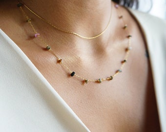 Set of Two Delicate Gemstone Chain Necklaces, Gold Plated, Multi-Stone (4-7mm)