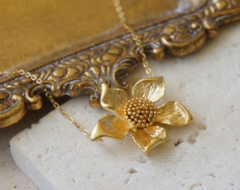 Gold Flower Necklace: Handmade Floral Pendant, Nature Inspired Jewelry