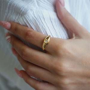 18Kt Gold Fill Plated Crystal Signet Ring for Women Anniversary Gift Delicate Adjustable Gold Signet Ring for Her Dainty Ring Pinky Ring