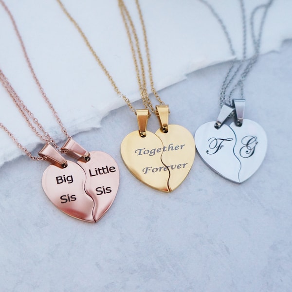 Half Heart TWO  Necklaces Split Heart  Broken Heart Engraved Heart Necklaces Best Friends Mother Daughter Sisters SET Gift Couples